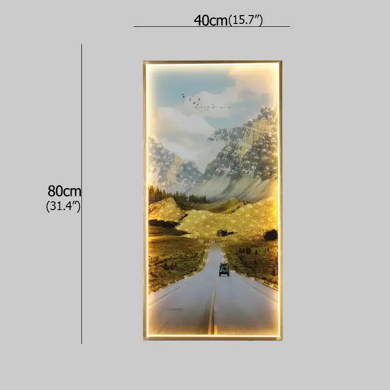 Modern golden scenic mountain wall sconces featuring an illuminated winding road landscape with warm backlighting for decorbites boat figure led