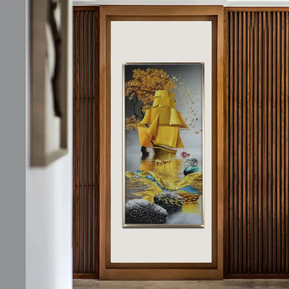 Modern golden scenic mountain wall sconces featuring a golden sailboat boat figure led with reflective water and autumn decorbites boat figure