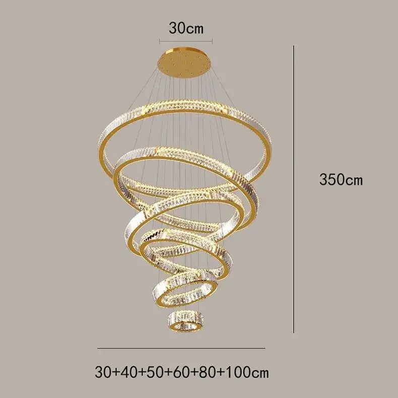 Modern golden spiral crystal round chandelier with multiple concentric rings featuring decorbites crystal decor