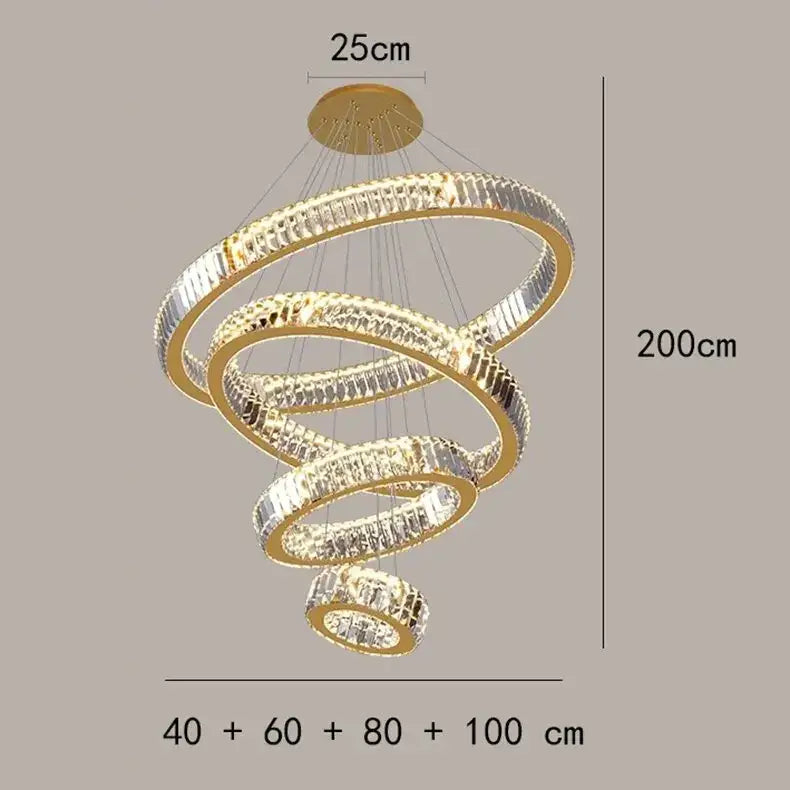 Modern golden spiral crystal round chandelier with gold-toned concentric rings and clear crystals for staircase decorbites crystal round