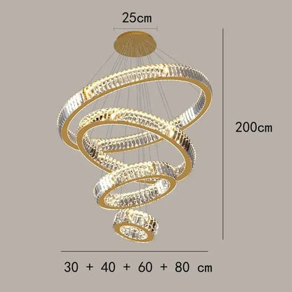 Modern golden spiral crystal round chandelier with interlocking rings and clear crystal accents by decorbites crystal round