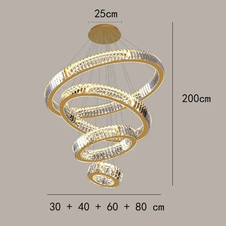 Modern golden spiral crystal round chandelier with interlocking rings and clear crystal accents by decorbites crystal round