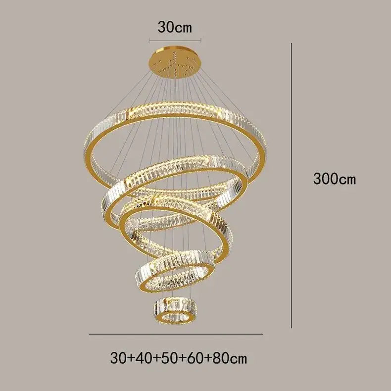 Modern golden spiral crystal round chandelier with crystal-encrusted rings and 30cm ceiling mount by decorbites crystal round
