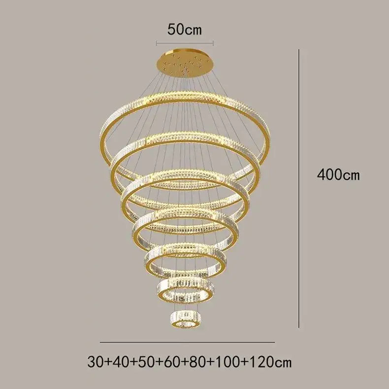 Modern golden spiral crystal round chandelier with multiple concentric rings adorned with sparkling decorbites crystal round details