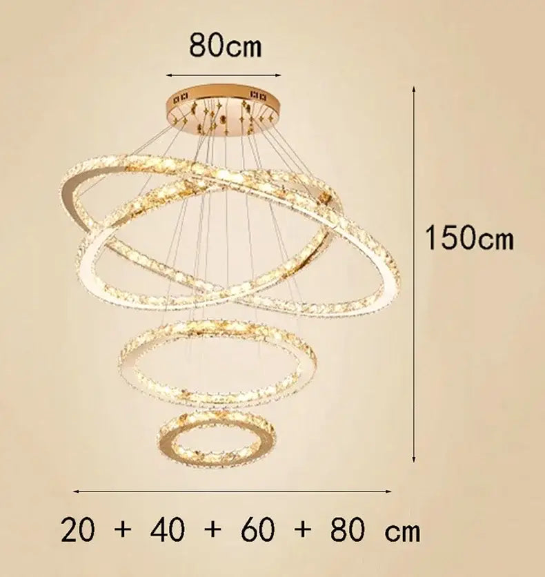 Modern golden spiral crystal stair chandelier with four concentric crystal-encrusted rings for living room lighting