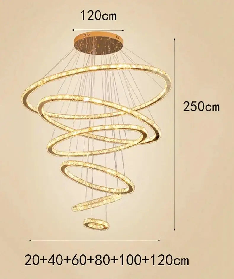 Modern golden spiral crystal stair chandelier with multiple glowing rings and circular ceiling mount for living room lighting
