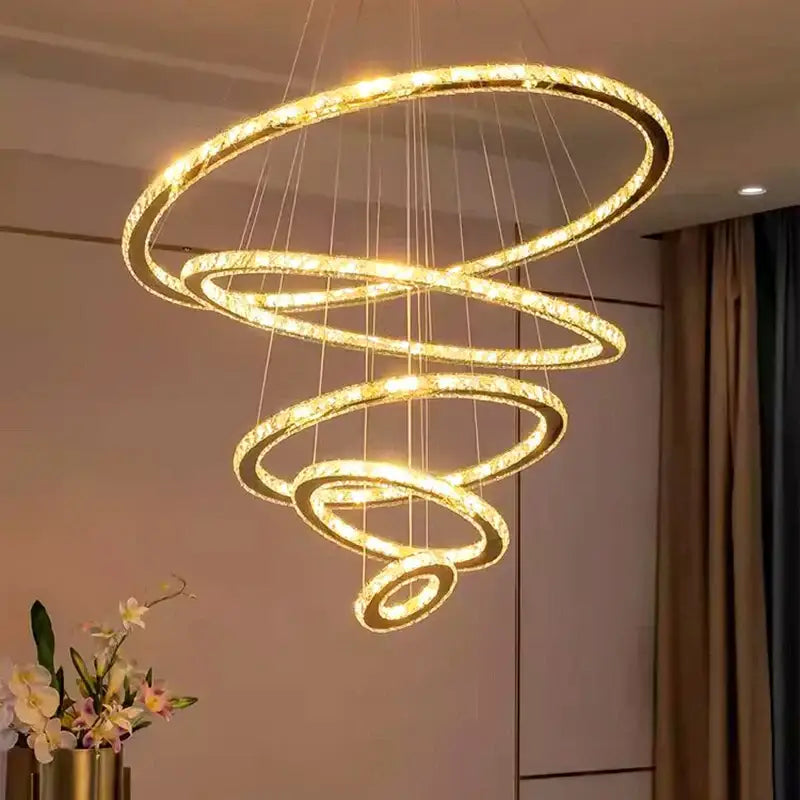 Modern golden spiral crystal stair chandelier with embedded crystal accents for living room led lighting