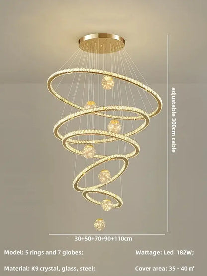 Modern golden spiral decorbites crystal led chandelier with five interlocking rings and seven k9 crystal globes