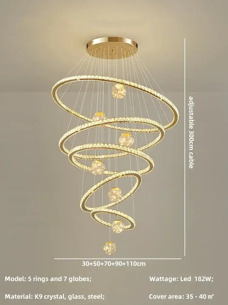 Modern golden spiral decorbites crystal led chandelier with five interlocking rings and seven k9 crystal globes