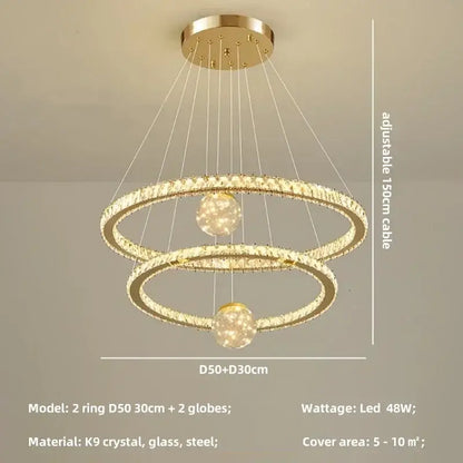 Modern golden spiral decorbites crystal led chandelier with two interlocking crystal rings and spherical led lights