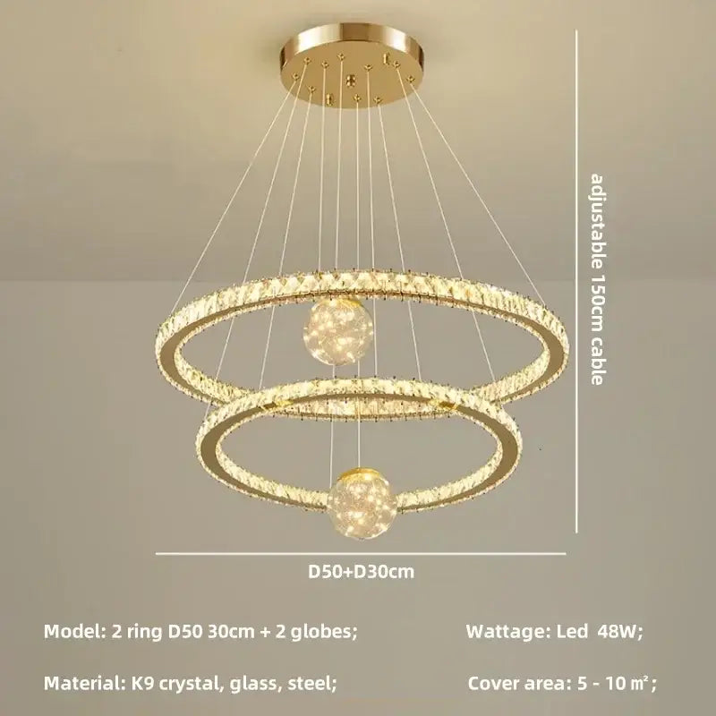 Modern golden spiral decorbites crystal led chandelier with two interlocking crystal rings and spherical led lights