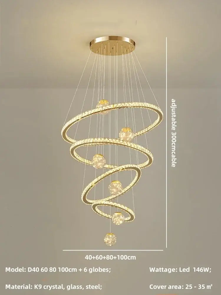 Modern golden spiral decorbites crystal led chandelier with k9 crystal rings and six globe lights for living room lighting