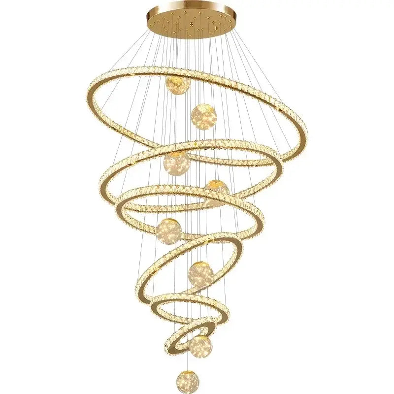 Modern golden spiral decorbites crystal led chandelier featuring crystal-encrusted rings and spherical light fixtures