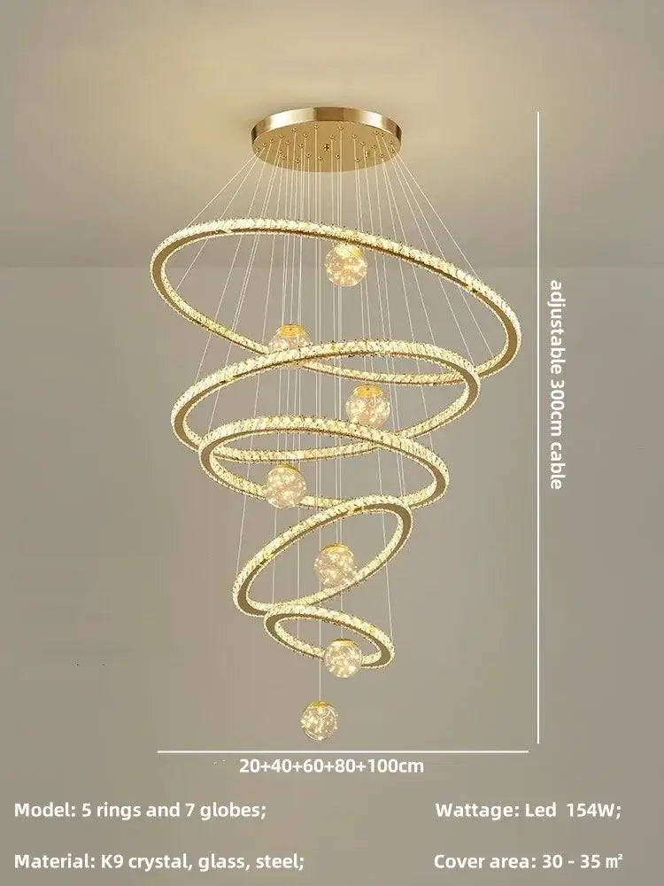 Modern golden spiral decorbites crystal led chandelier with five interlocking rings and seven k9 crystal globes