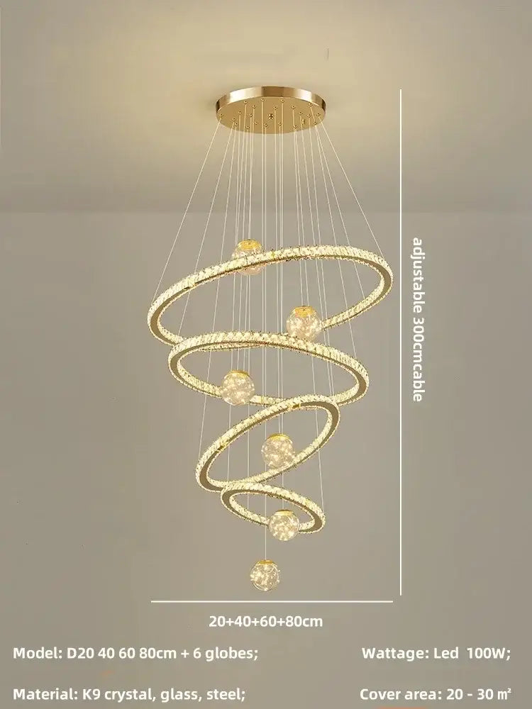 Modern golden spiral decorbites crystal led chandelier with crystal encrusted rings and spherical led globes for living room