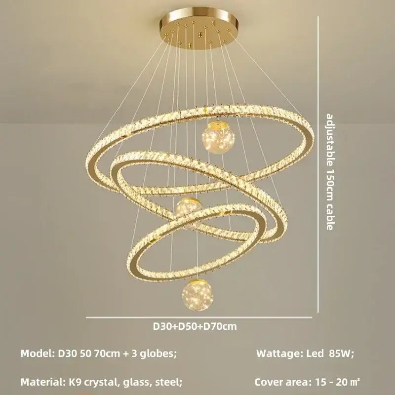 Modern golden spiral decorbites crystal led chandelier with glowing globes and k9 crystal steel frame for living room