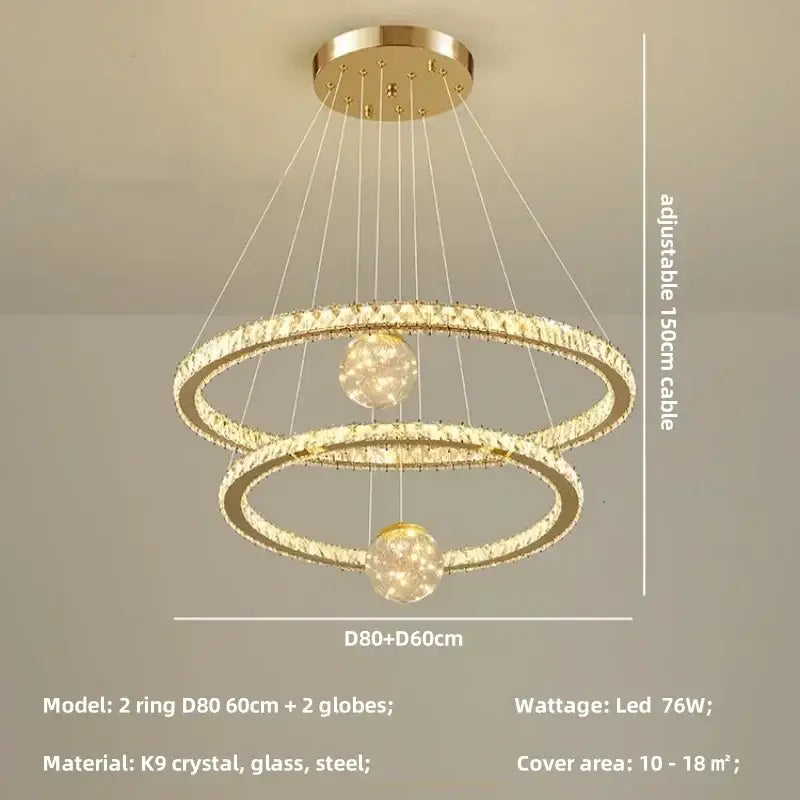 Modern golden spiral decorbites crystal led chandelier with two interlocking crystal rings and spherical LED lights