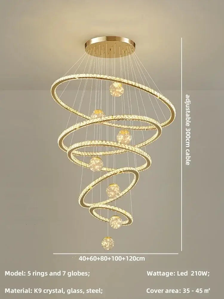 Modern golden spiral decorbites crystal led chandelier with five interlocking rings and seven k9 crystal globes in steel