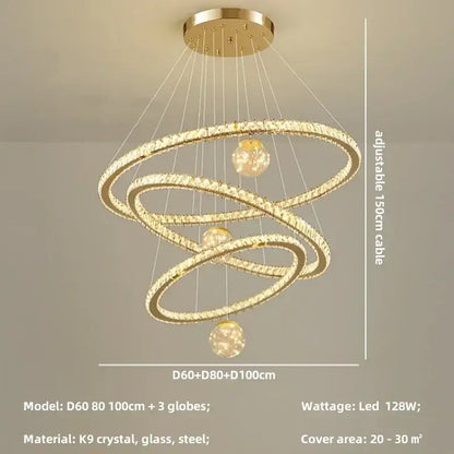 Modern golden spiral decorbites crystal led chandelier with three glowing crystal globe lights for living room decor