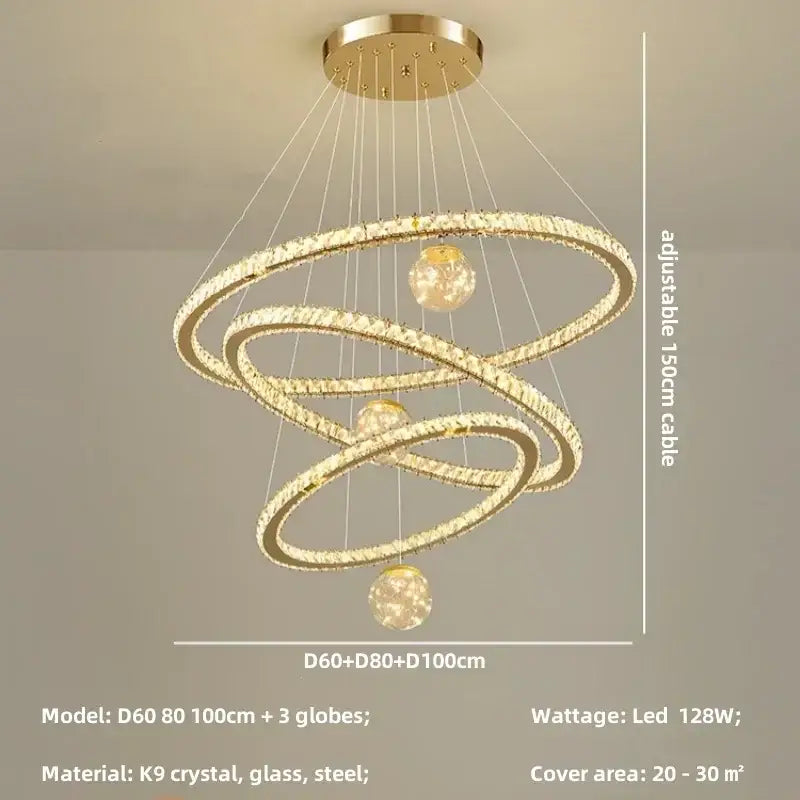Modern golden spiral decorbites crystal led chandelier with three glowing crystal globe lights for living room decor