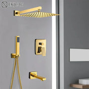 Modern golden square rain shower set with gold-finished shower head featuring multiple nozzles for decorbites golden bathroom