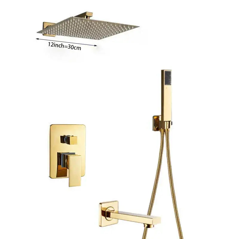 Modern golden square rain shower set with 12-inch rainhead and concealed mixer taps for decorbites golden bathroom shower