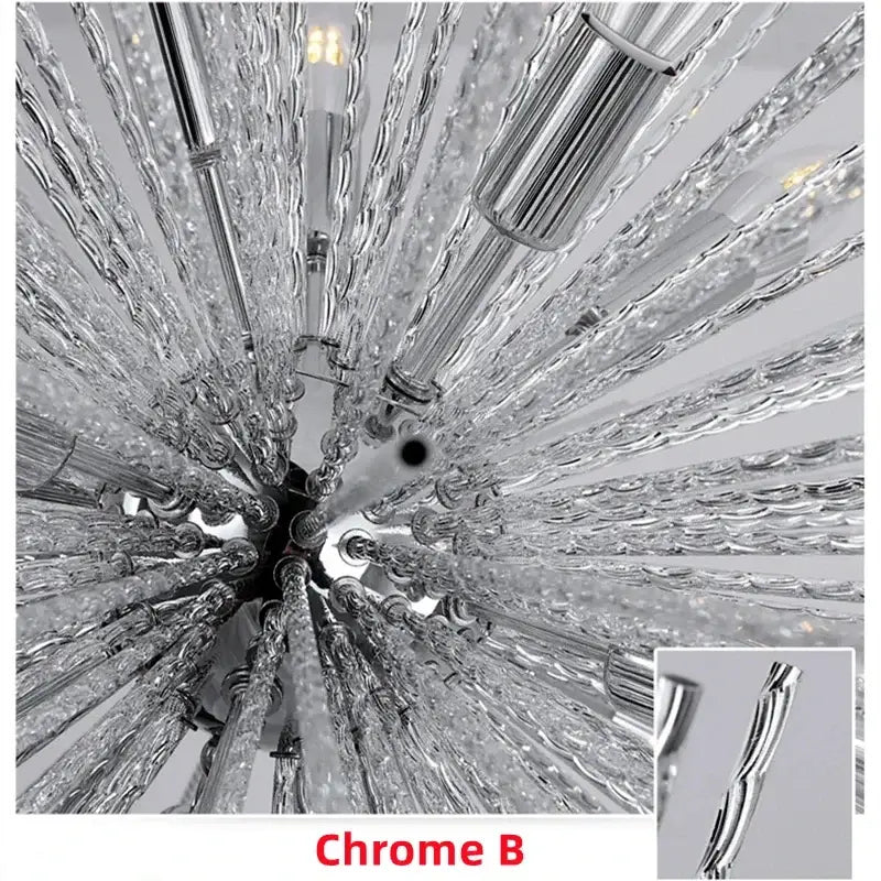 Modern golden starburst geometric ball chandelier with chrome-finished crystal twisted glass rods for dining room decorbites geometric ball