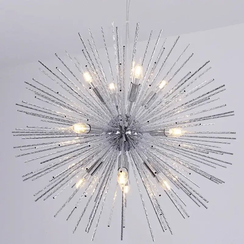 Modern golden starburst geometric ball chandelier with silver spiky design, textured glass rods, and glowing bulbs for dining room decorbites geometric ball chandelier
