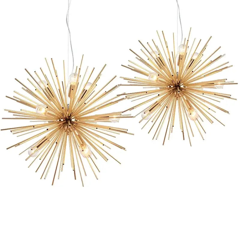Modern golden starburst geometric ball chandelier with metallic spikes and clear bulbs for dining room decorbites geometric ball