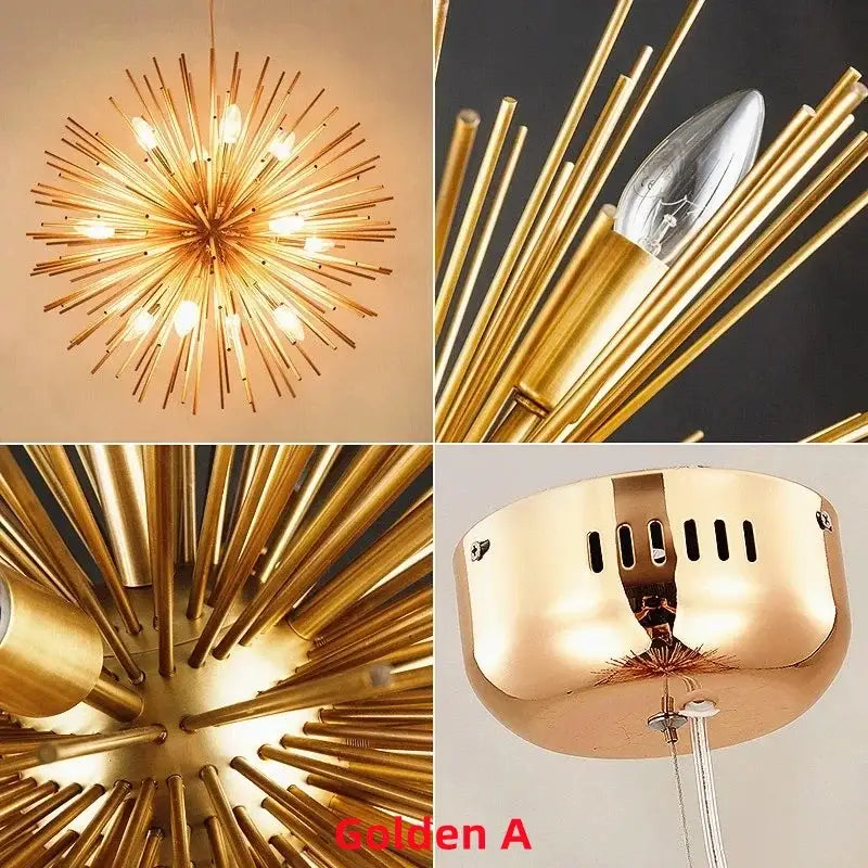 Modern golden starburst geometric ball chandelier with slender brass rods and exposed bulbs for dining room decorbites geometric ball