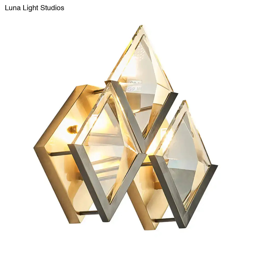 Modern style wall sconce light with geometric clear crystal and gold silver metallic frames for bedroom use