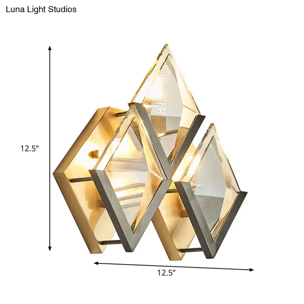 Modern style wall sconce light with clear crystal and geometric gold and silver metallic frames for bedroom use