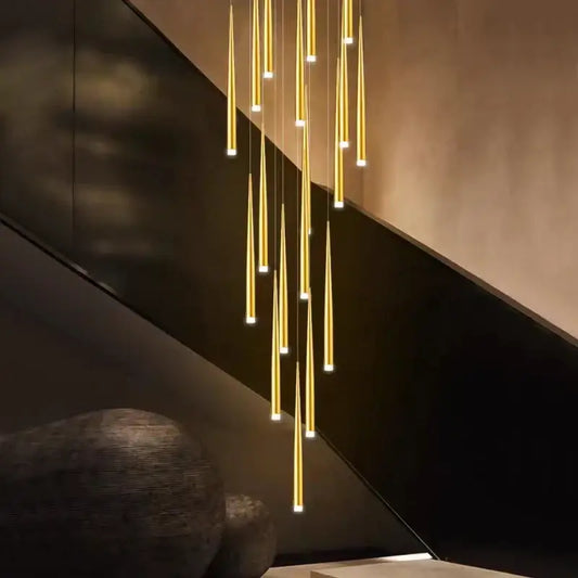Modern golden tapered chandelier led living room pendant light featuring slender gold decorbites golden tapered design