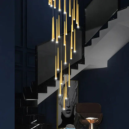 Modern decorbites golden tapered chandelier led pendant light with golden cylindrical lights in cascading arrangement for living room