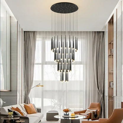 Black modern decorbites golden tapered chandelier with slender vertical rods and circular ceiling fixture for living room lighting