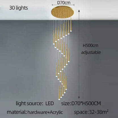 Modern golden tapered chandelier led living room pendant light with 30 cascading gold-toned led lights design decorbites golden tapered