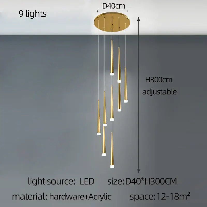 Gold-toned modern decorbites golden tapered chandelier with nine acrylic tapered chandelier led fixtures for living room decor