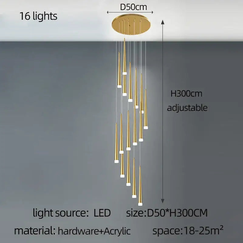 Modern golden tapered led chandelier with 16 led lights and circular hardware base for elegant living room decorbites design