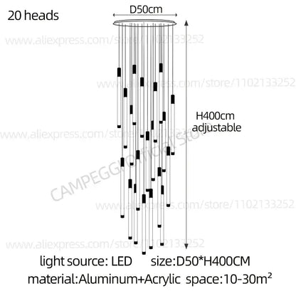Modern black and white led chandelier with 20 hanging light heads made from aluminum and acrylic for decorbites golden tube decor
