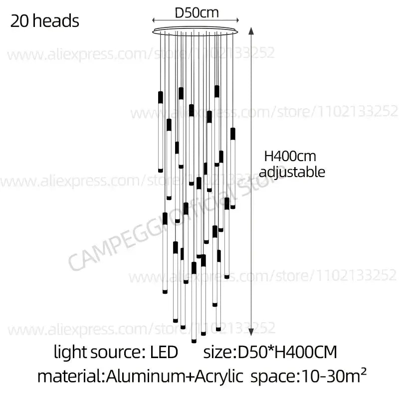 Modern black and white led chandelier with 20 hanging light heads made from aluminum and acrylic for decorbites golden tube decor