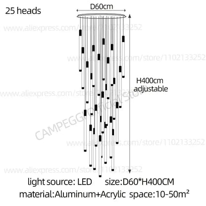Black and white striped decorbites golden tube chandelier with 25 led light heads for modern staircase decor
