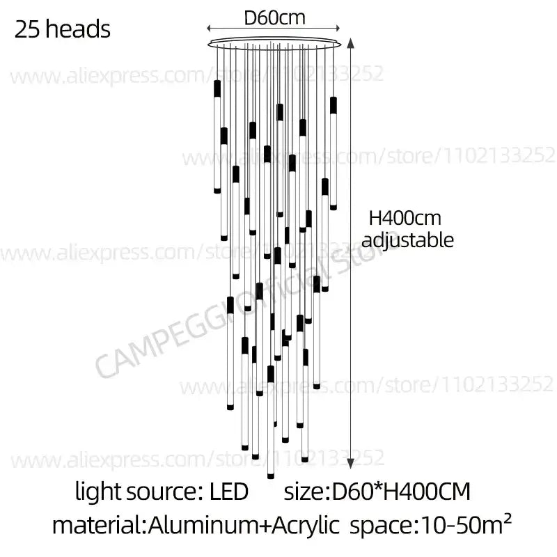 Black and white striped decorbites golden tube chandelier with 25 led light heads for modern staircase decor