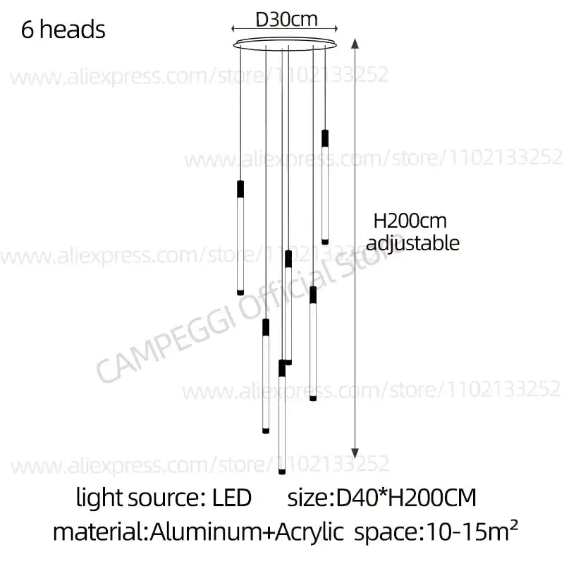 Modern golden tube chandelier with six slender led heads and black and white acrylic rods on circular aluminum base decorbites golden tube