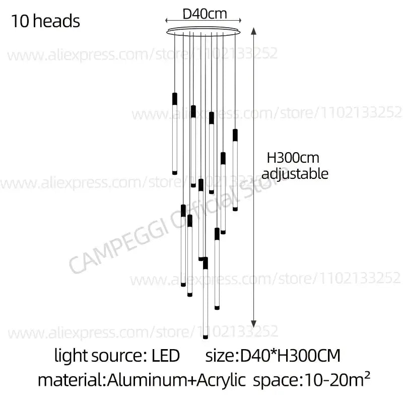 Modern golden tube chandelier with ten sleek led light heads suspended from a circular aluminum base by decorbites golden tube
