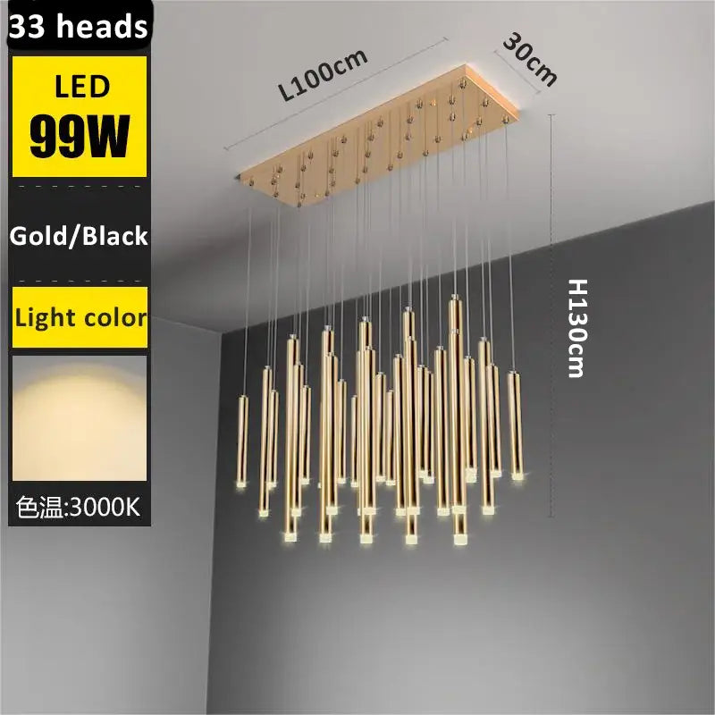 Modern golden tube led chandelier with 33 golden cylindrical light heads on a gold and black frame emitting warm light