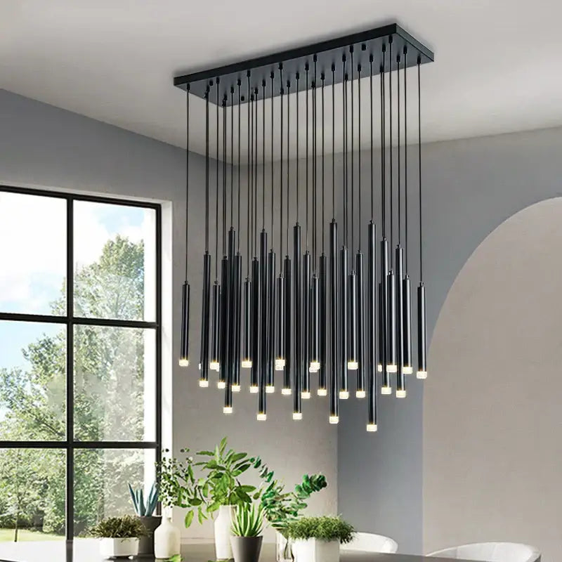 Black rectangular decorbites golden tube led chandelier with vertical cylindrical lights suspended from metal frame