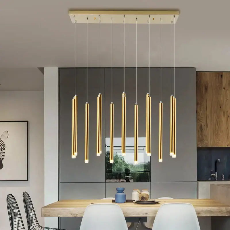 Modern golden tube led chandelier featuring a gold-toned cylindrical pendant light with a sleek rectangular ceiling mount