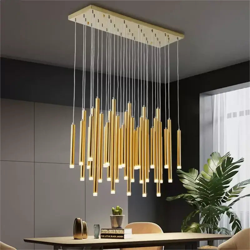 Modern gold-toned cylindrical tube led chandelier with rectangular ceiling mount for living room decorbites golden tube light
