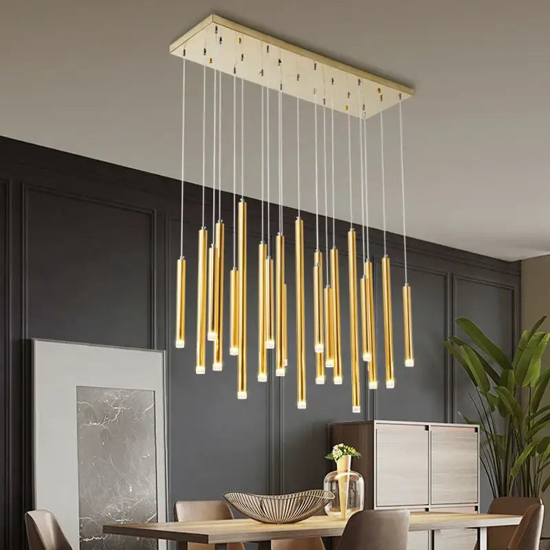 Modern gold finished rectangular tube led chandelier with multiple cylindrical pendant lights for living room decorbites golden tube