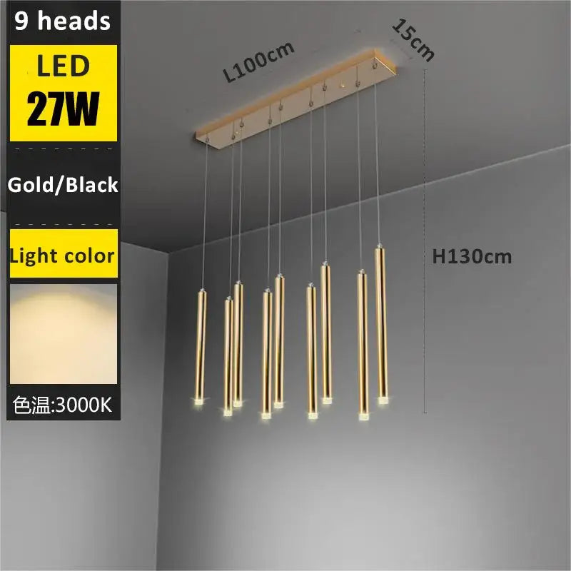 Modern golden tube led chandelier pendant light with nine cylindrical led bulbs in gold finish for living room decorbites golden tube
